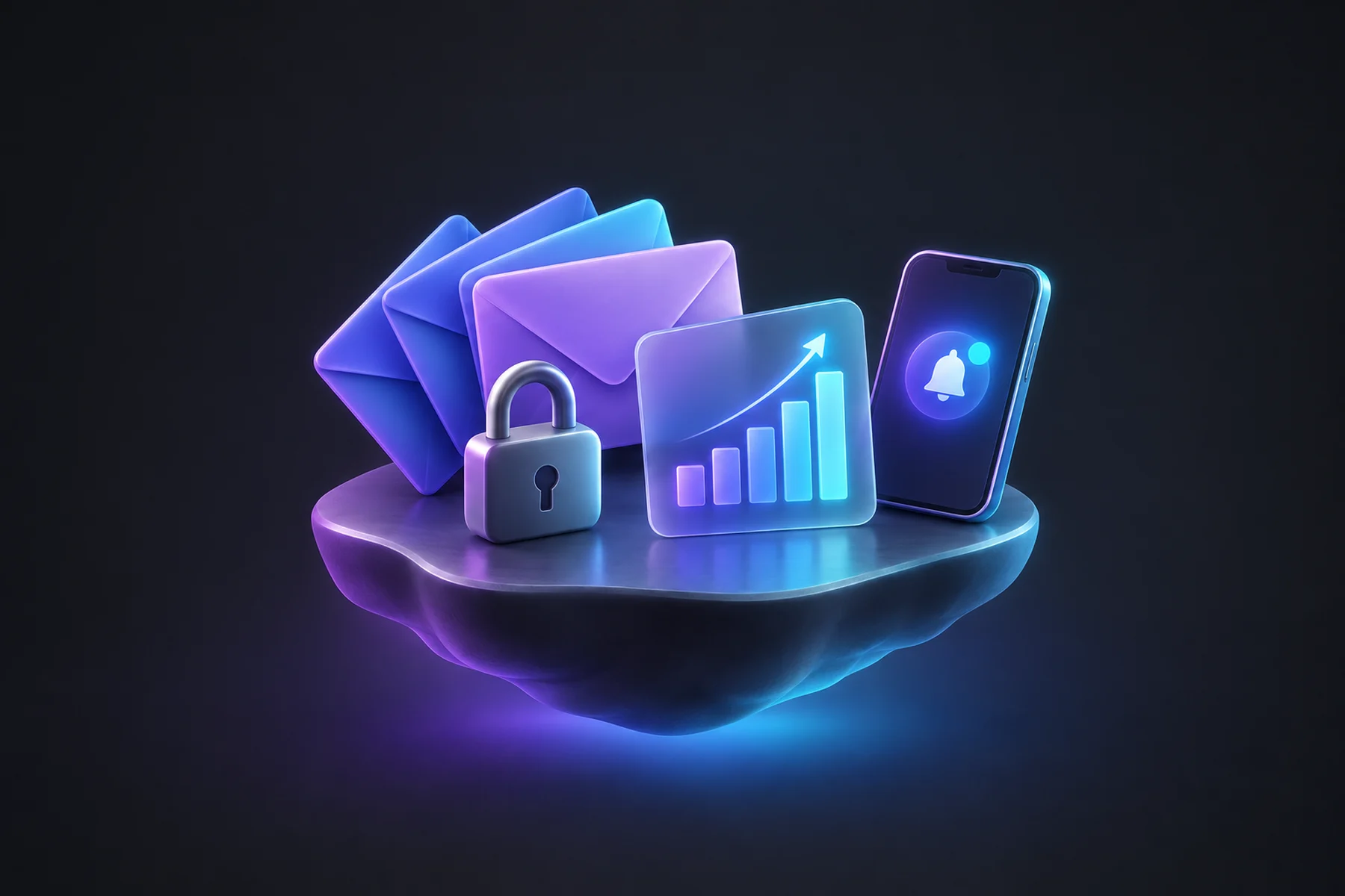 Illustration: A small floating diorama of four glossy envelope-shaped invitation cards fanned out, a padlock resting untouched beside them, and a chart card lighting up with rising bars as a phone displays a glowing notification badge.