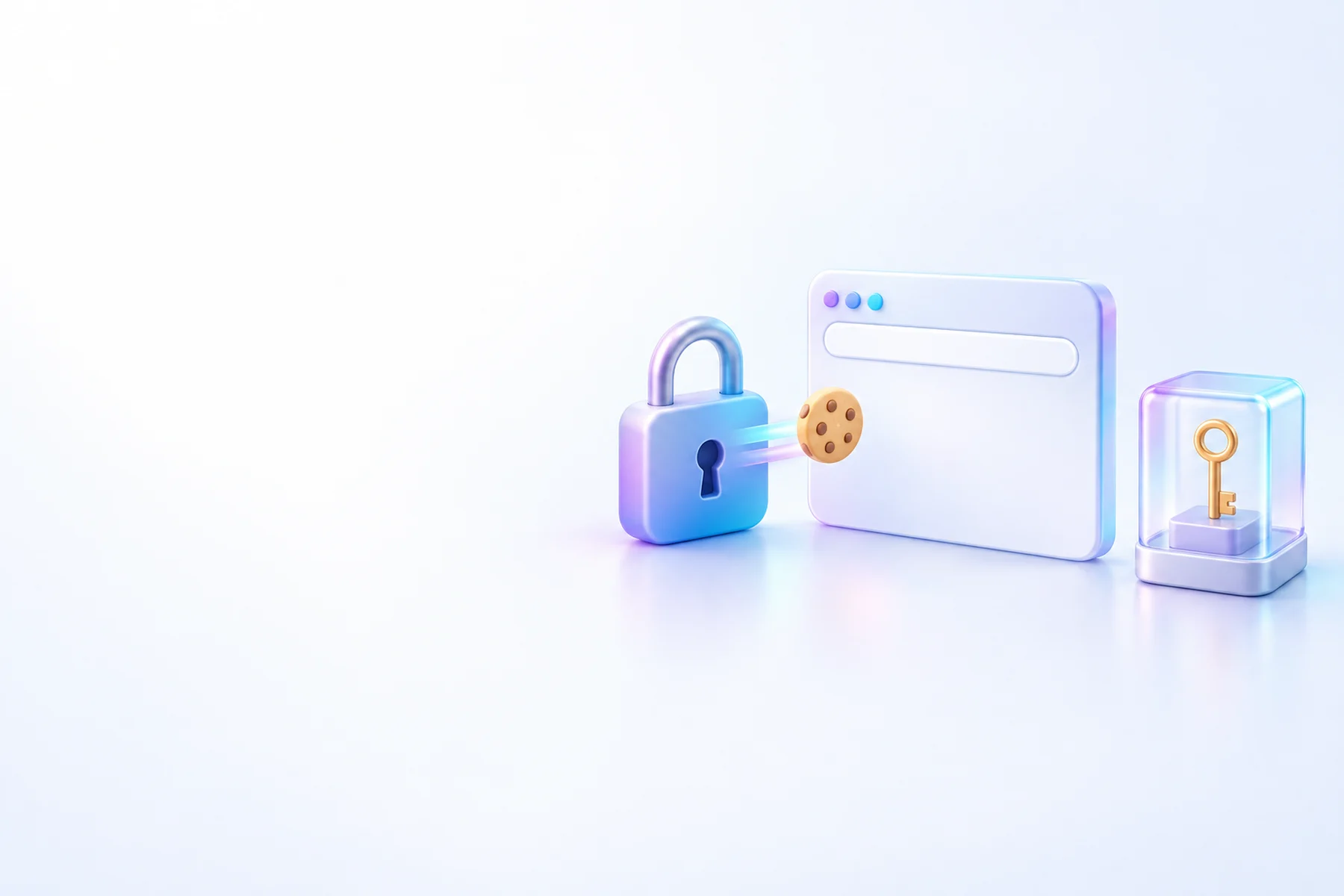 Illustration: A plain rounded browser window with a bare address bar, a small cookie-shaped token passing to it from a padlock, and a separate break-glass key sealed inside a tiny glass case.
