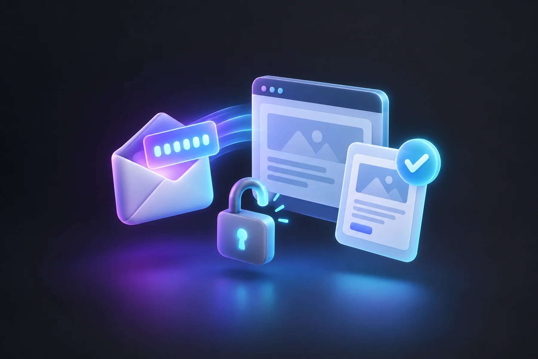 Illustration: A glossy envelope releasing a glowing six-digit code toward a browser window, with a small padlock unlocking beside a floating site-page card that fully renders as a checkmark appears.