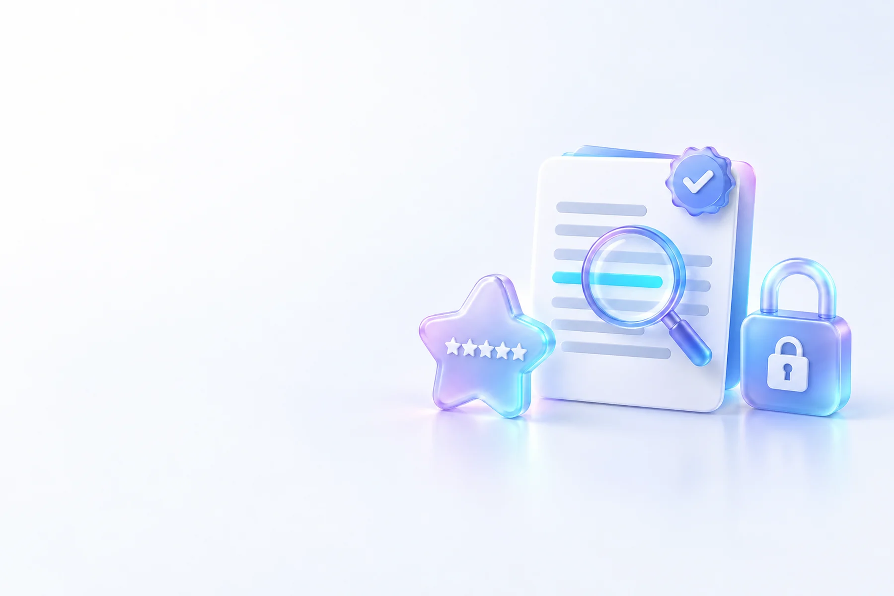 Illustration: A glossy document card stamped with a small checkmark seal, a magnifying glass hovering over a highlighted line, a star-shaped review token, and a padlock badge nearby.