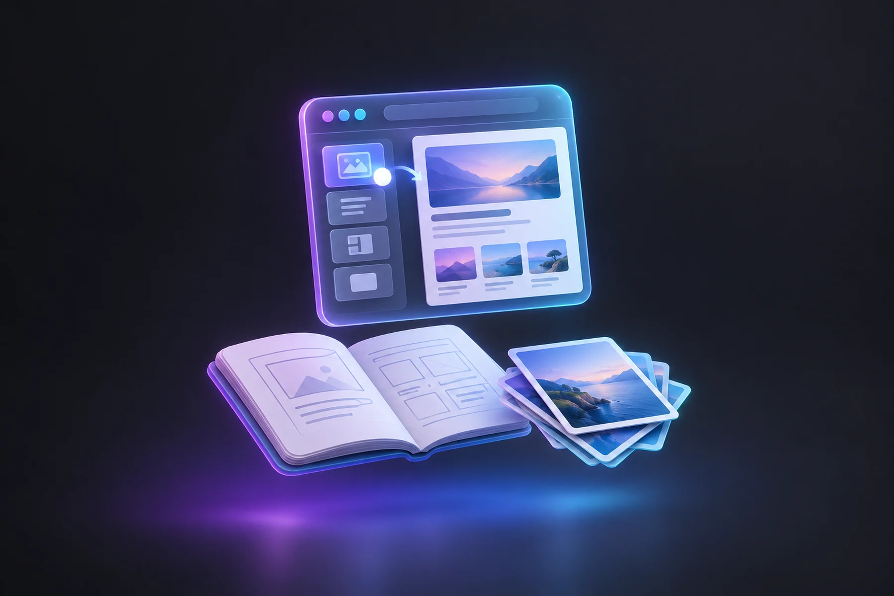 Illustration: A small glossy browser window floating above an open notebook and a stack of photo cards, with a cursor-like glowing dot clicking a panel that reshapes itself into a webpage layout.