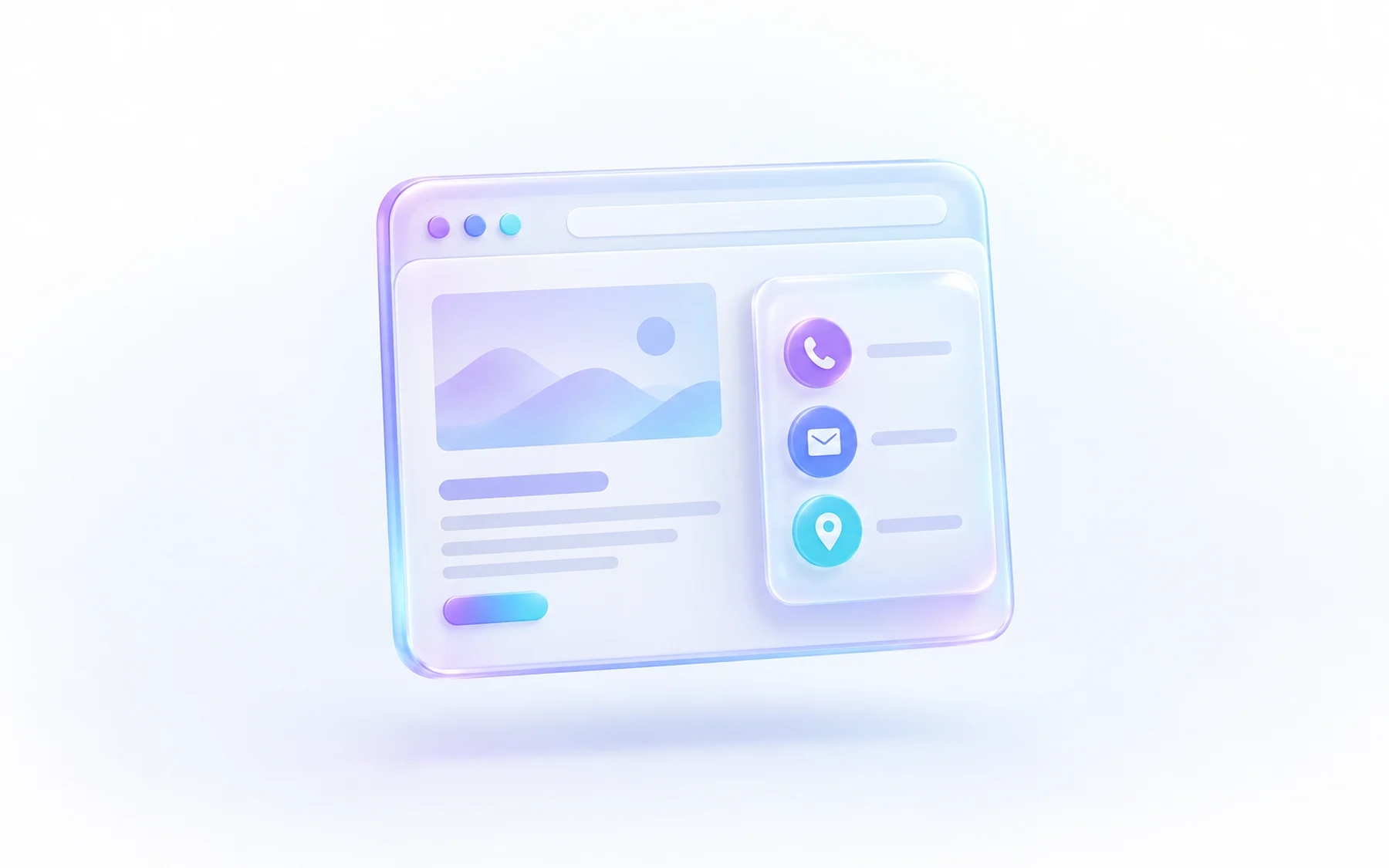 Illustration: A single glossy browser window whose contact panel morphs between a phone-call icon, an envelope, and a small map pin, showing how the page adapts to what a business has.