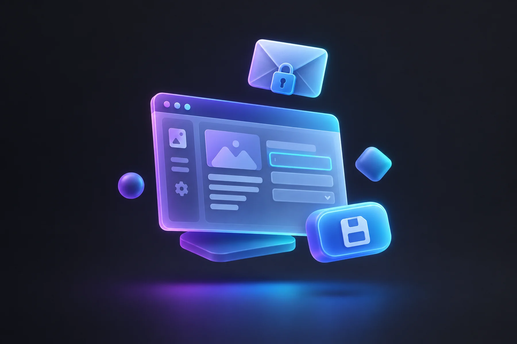 Illustration: A floating browser window with labelled text fields glowing softly, a glossy save button beside it, and a small padlocked envelope representing the emailed sign-in code hovering above.