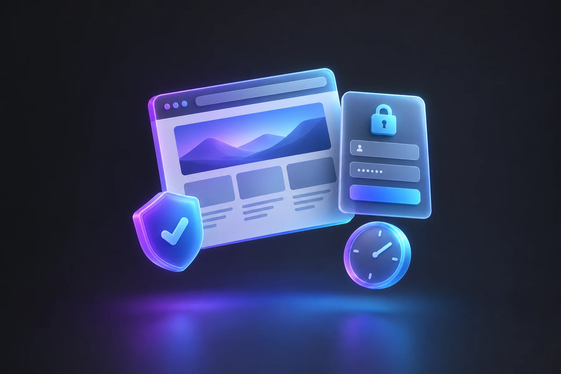 Illustration: A glossy browser window showing a webpage floating beside a small separate login-locked panel of text fields, with a glowing 'saved' badge and a small clock reading a couple of minutes.