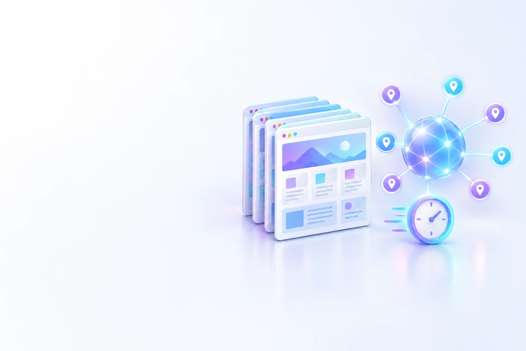 Illustration: A stack of finished browser-window page cards, each fully rendered with layout blocks, beside a glowing network node with radiating edge-location dots and a small clock showing zero wait.