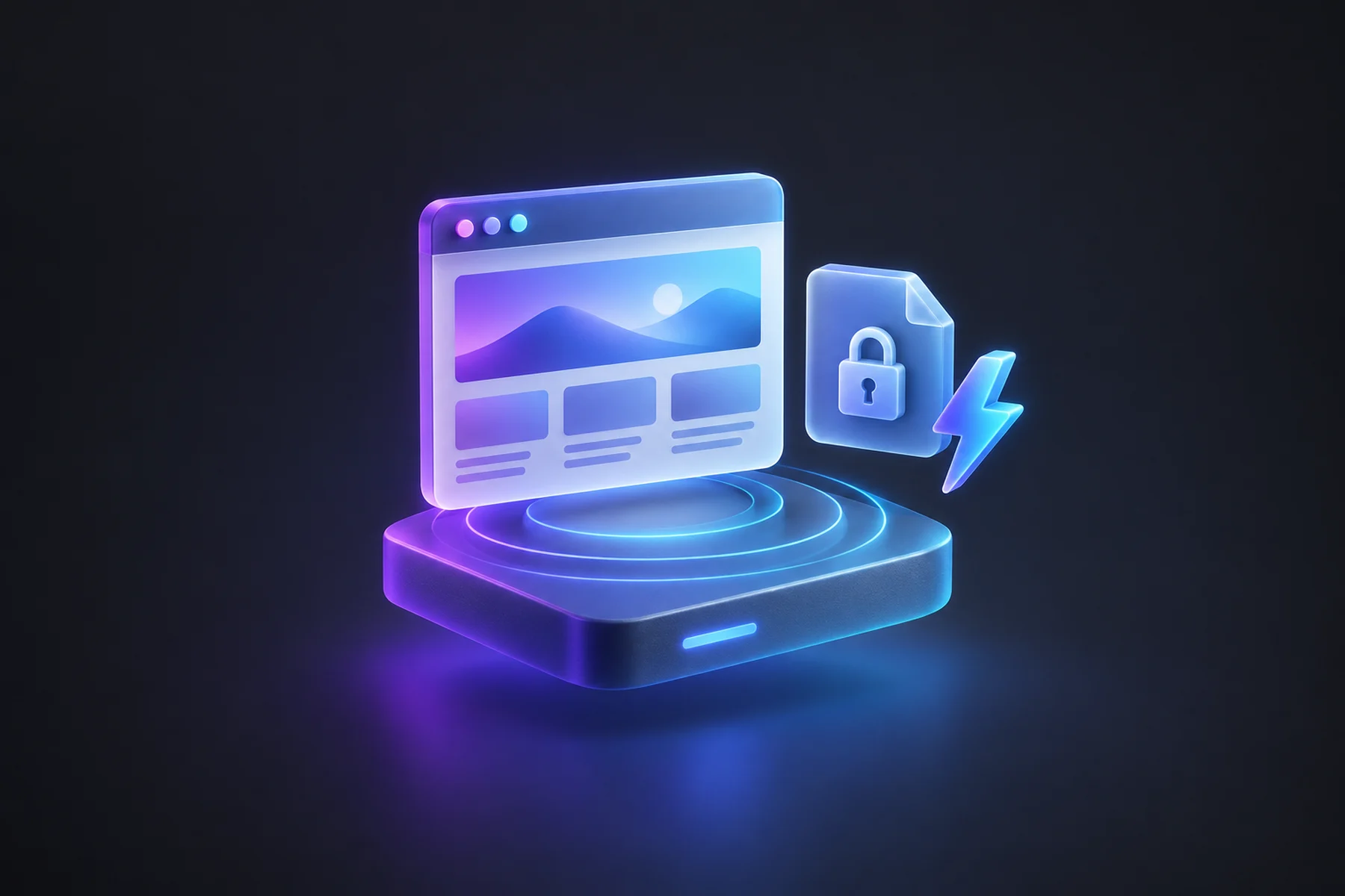 Illustration: A glossy browser window showing a fully formed webpage layout, sitting atop a flat platform edge node with radiating signal rings, beside a small padlocked file icon and a lightning bolt indicating instant delivery.