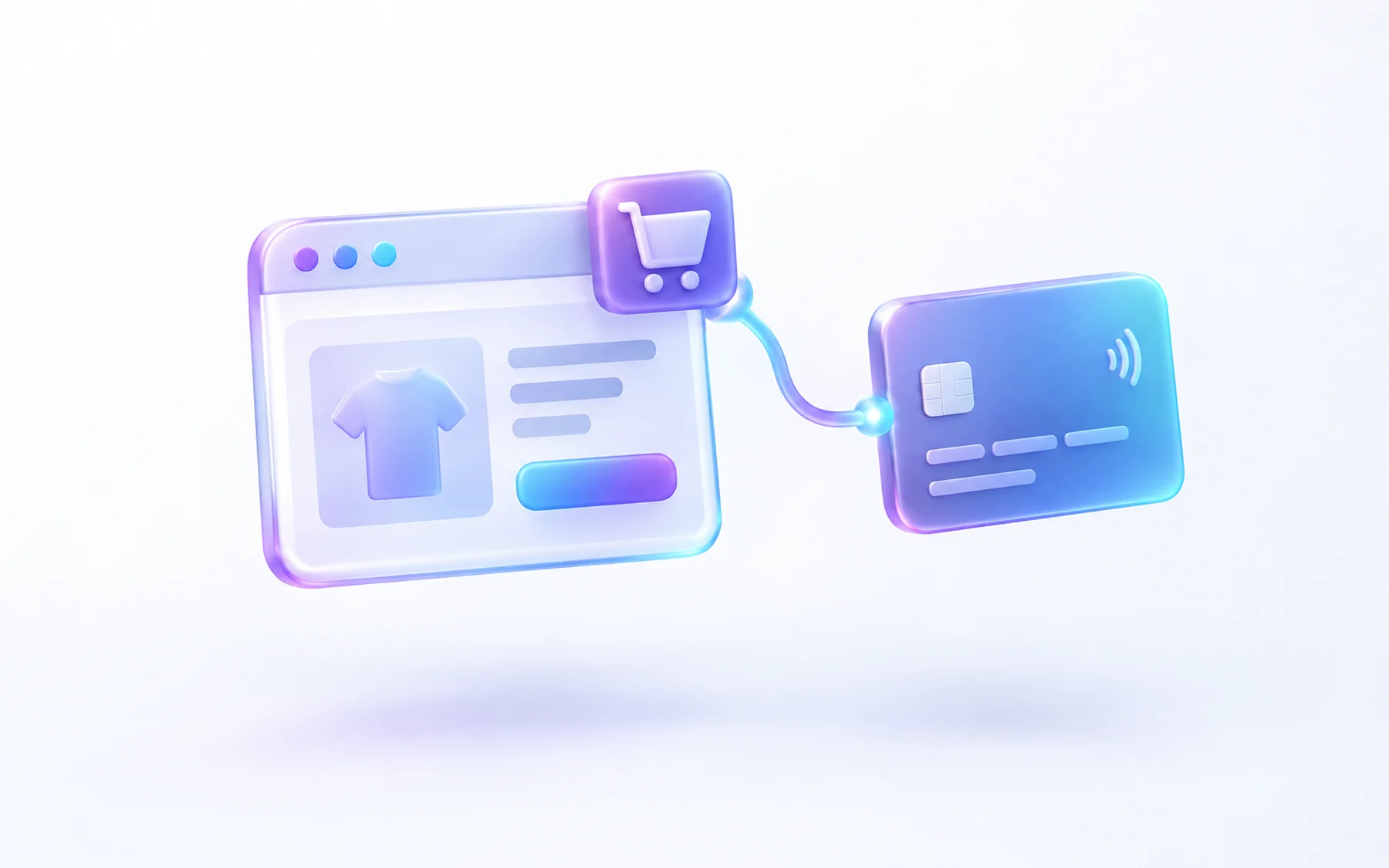 Illustration: A browser window with a small shopping cart icon docked to its corner, connected by a glowing line to a separate payment card, showing the divide between static page and checkout platform.