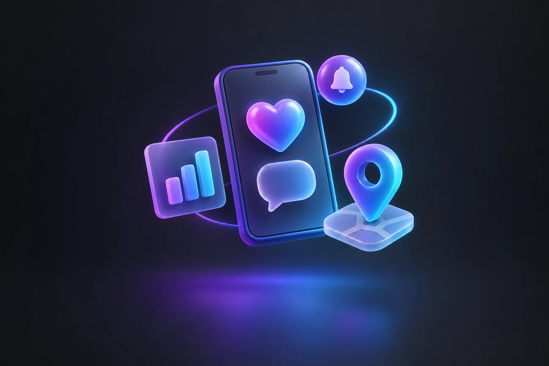 Illustration: A floating phone screen showing a glossy heart-shaped like icon and a speech-bubble icon, beside a small bar-chart card and a map pin, all orbited by a soft notification badge.
