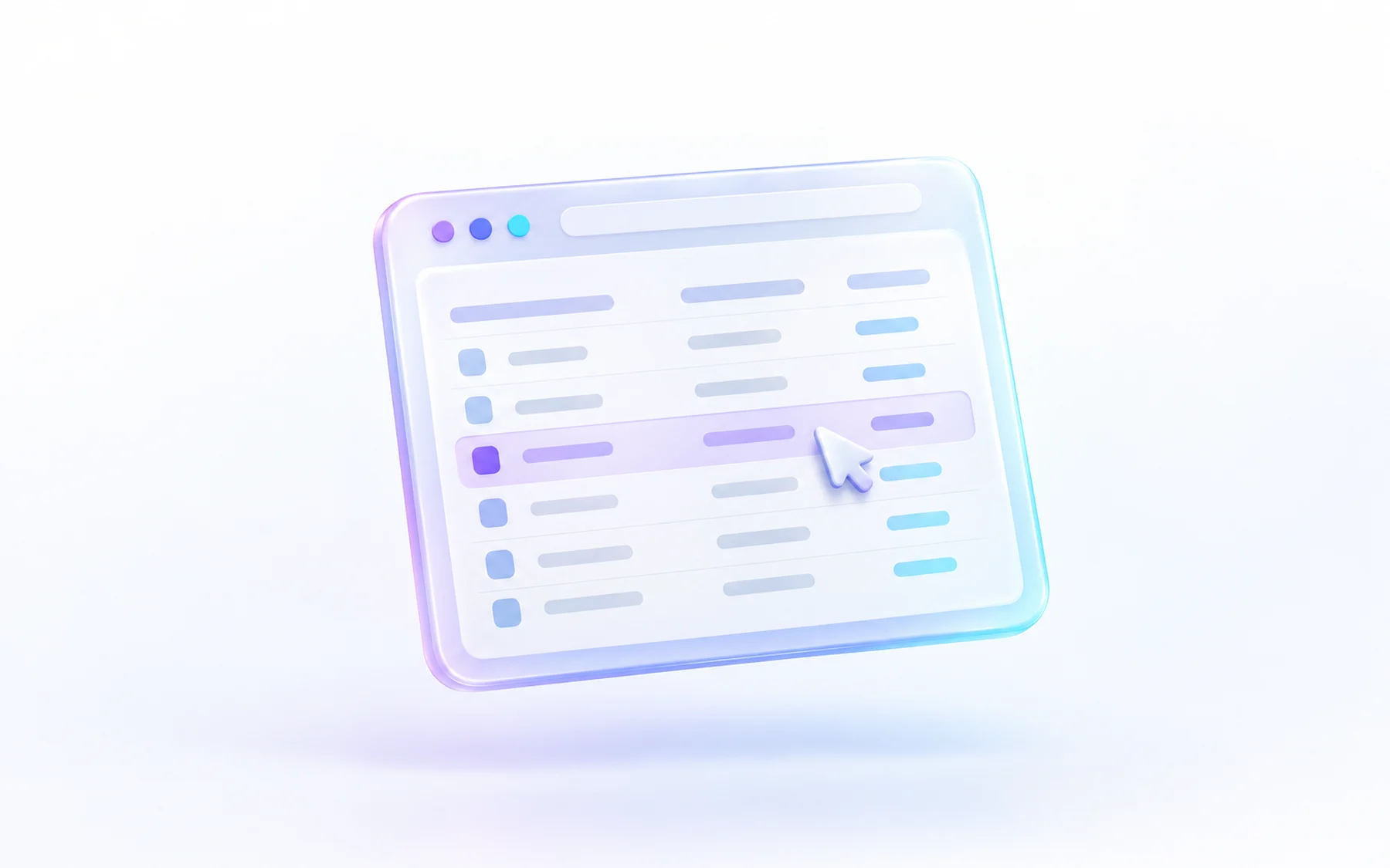 Illustration: A single glossy browser window tilted slightly, displaying a small bar table and a highlighted row, with a soft cursor-pointer hovering above it.
