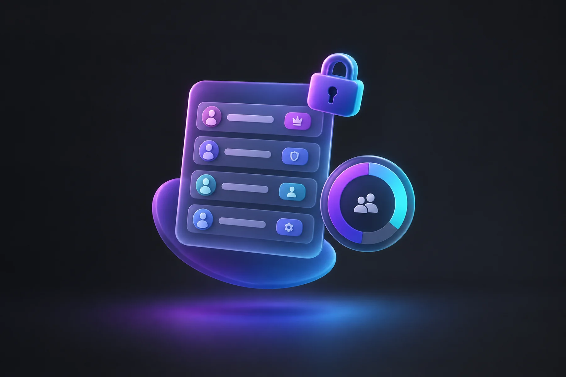 Illustration: A floating list panel of glossy name rows each with a small role badge beside it, a seat-count dial showing seats used and remaining, and a small padlock icon hovering near the top row.