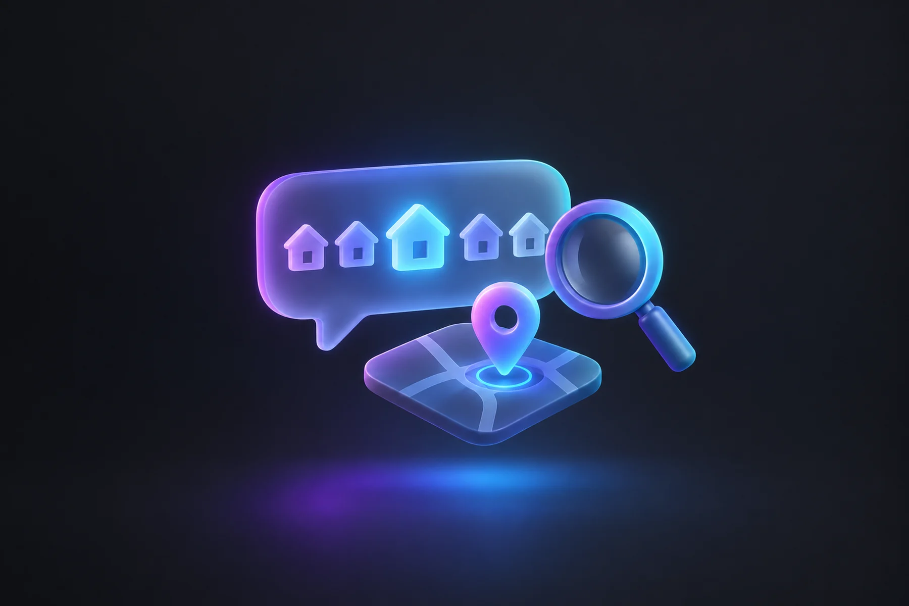 Illustration: A floating glossy speech-bubble card listing a few small glowing house-shaped icons in a row, a magnifying glass hovering beside it, and a map pin nearby, showing a business named among a handful of picks.