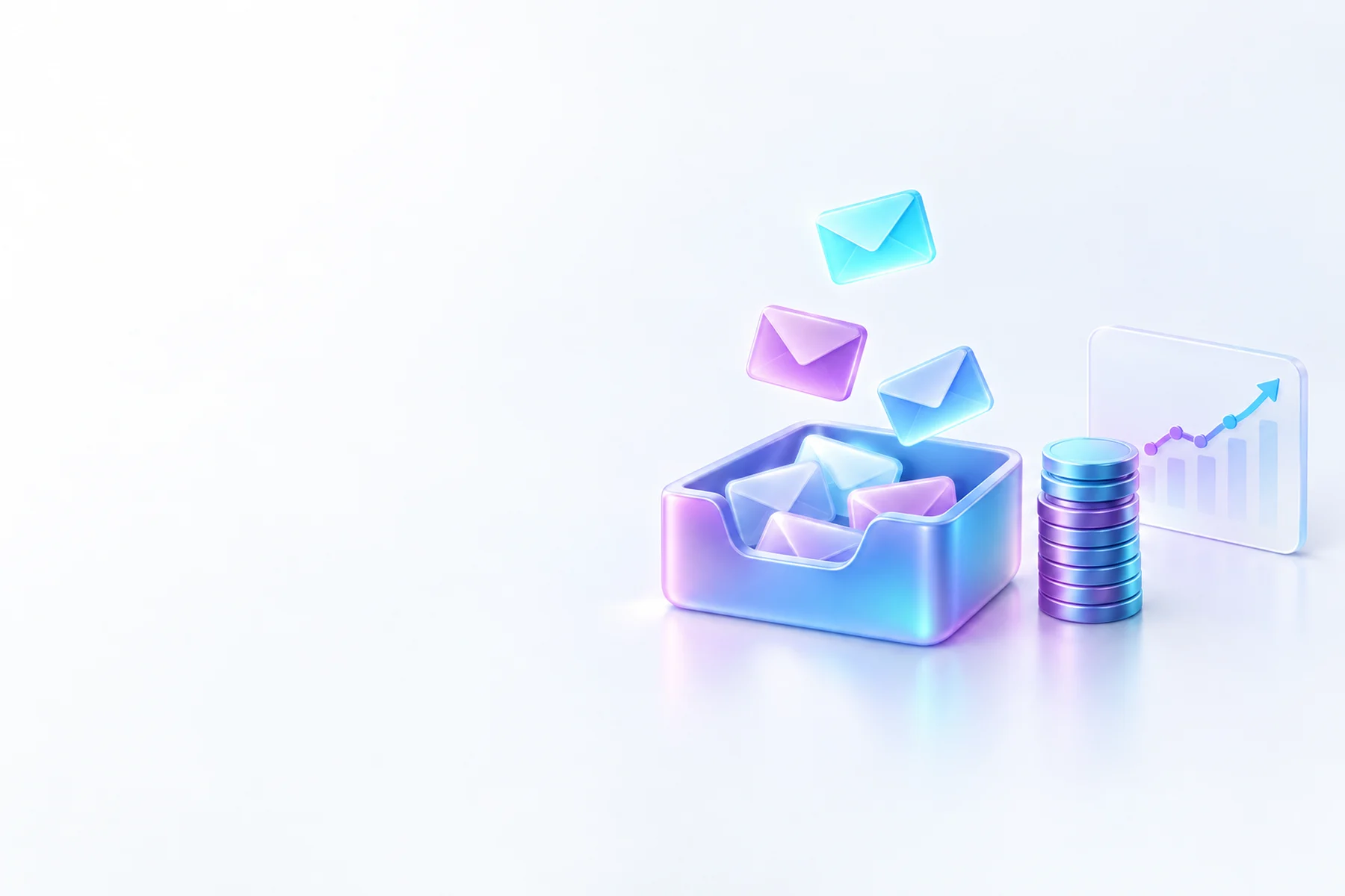 Illustration: A glossy inbox tray catching individual glowing envelope-shaped lead cards, beside a stacked coin column and a small chart card showing a rising line.