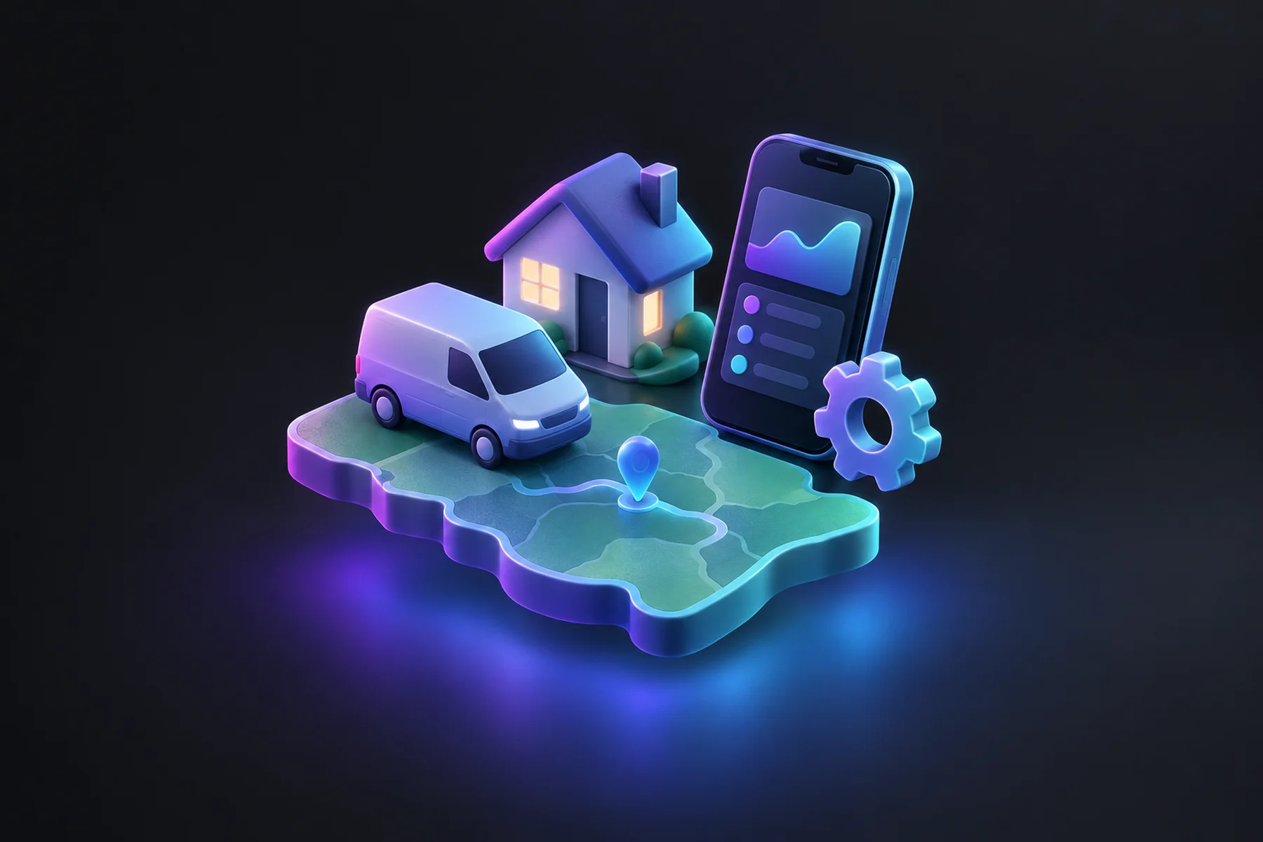 Illustration: A small floating diorama with a service-van-shaped territory map tile, a house icon, a glossy phone displaying a dashboard card, and a small gear, arranged as if checking alignment.