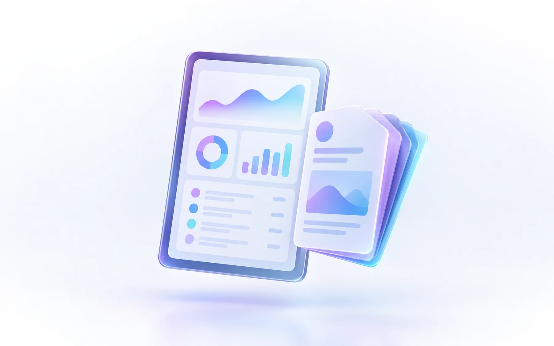 Illustration: A single glossy dashboard tablet standing upright with a small stack of layered record cards fanned beside it, one edge glowing faintly.