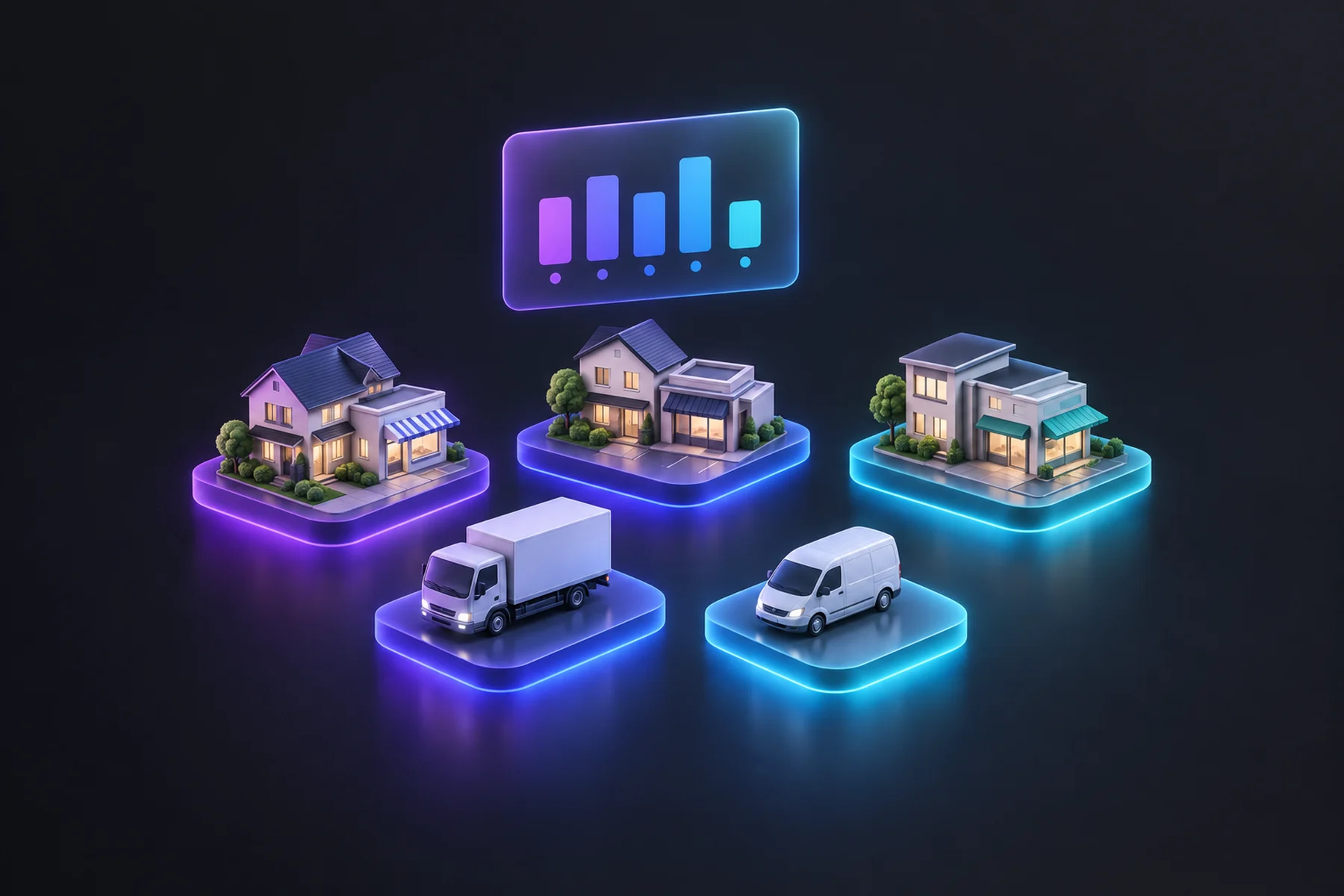 Illustration: A small floating diorama of several distinct house-and-storefront pairs and two service trucks of different sizes, each sitting on its own separate glowing platform tile, with a chart card hovering above showing separate distinct bars per tile.