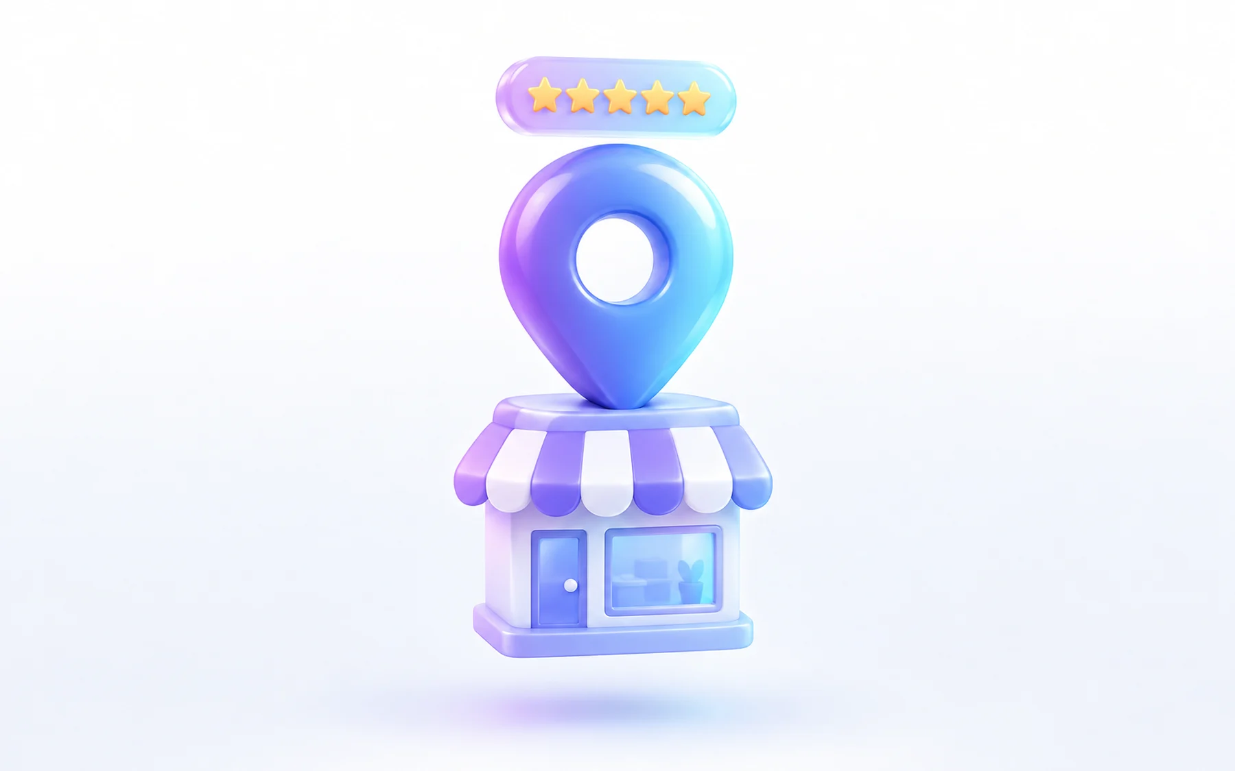 Illustration: A single glossy map pin with a small storefront building attached beneath it, and a tiny floating star-rating badge hovering just above the pin.
