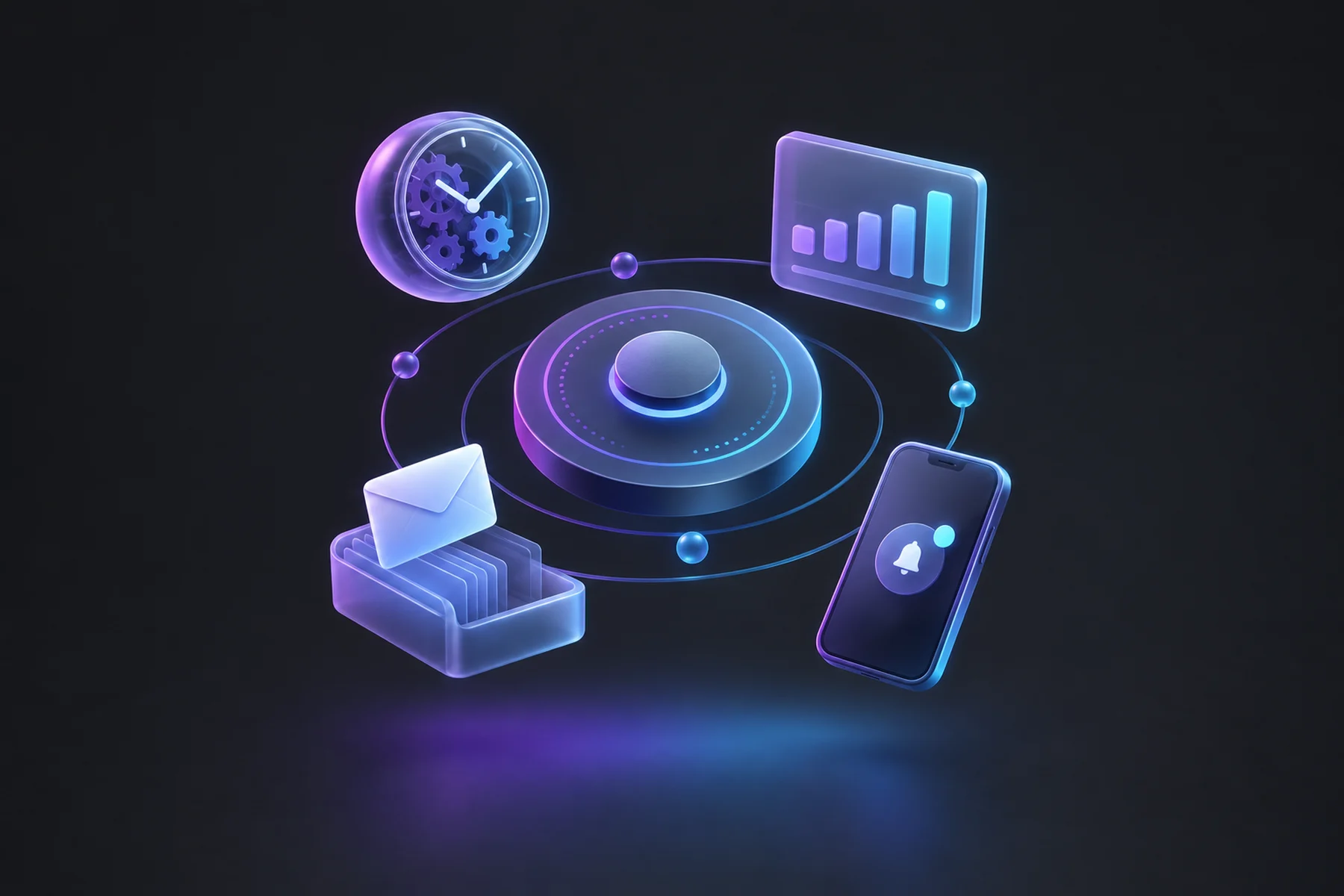 Illustration: A small floating clock with gears turning inside, a chart card quietly updating its bars, an envelope drafting itself into a queue tray, and a phone showing a calm notification badge, all orbiting a central dial marked with soft limit rings.