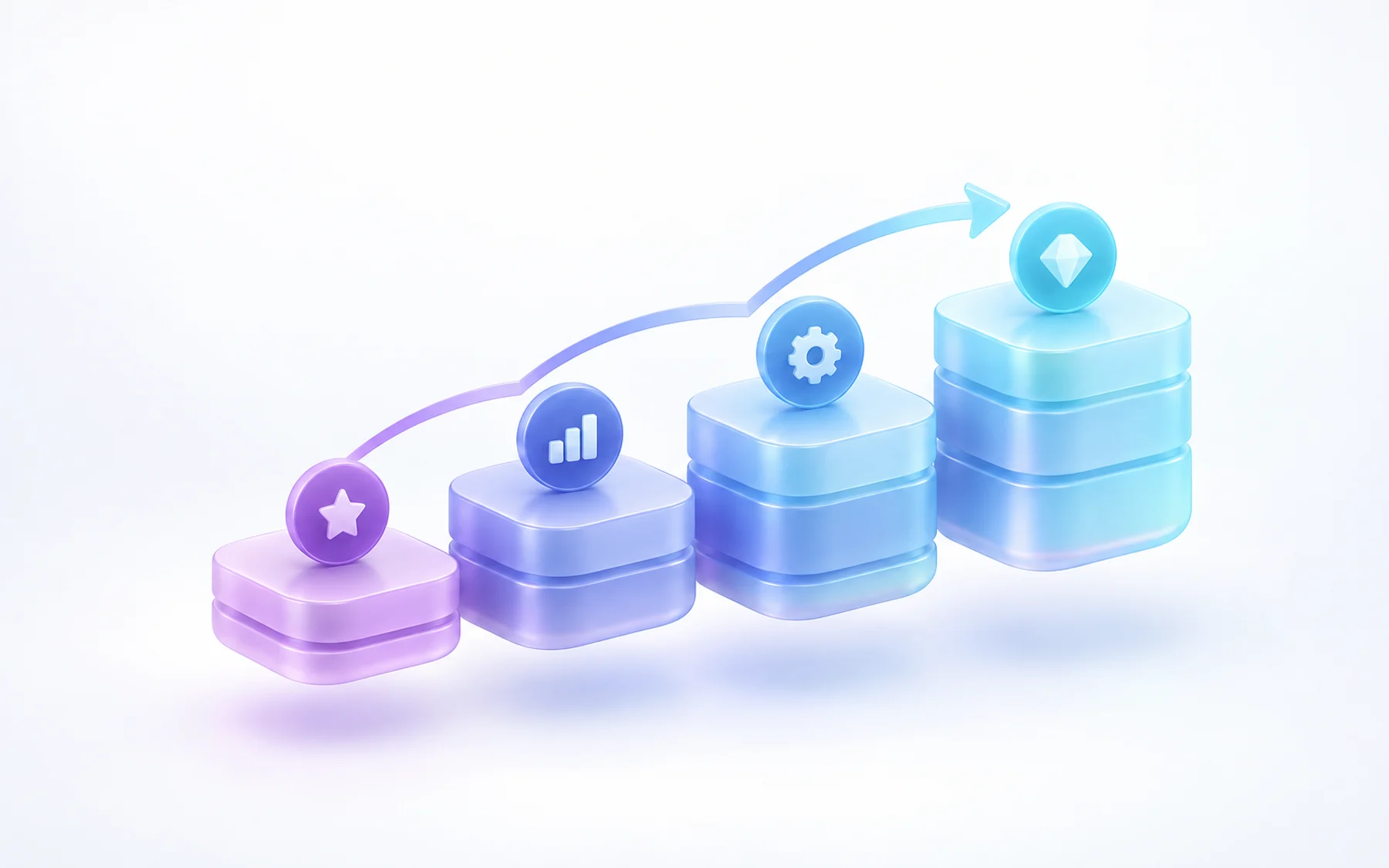 Illustration: A set of four stacked glossy platform cards of increasing height, each topped with a small distinct icon disc, connected by a soft upward arc showing the path from smallest to tallest.