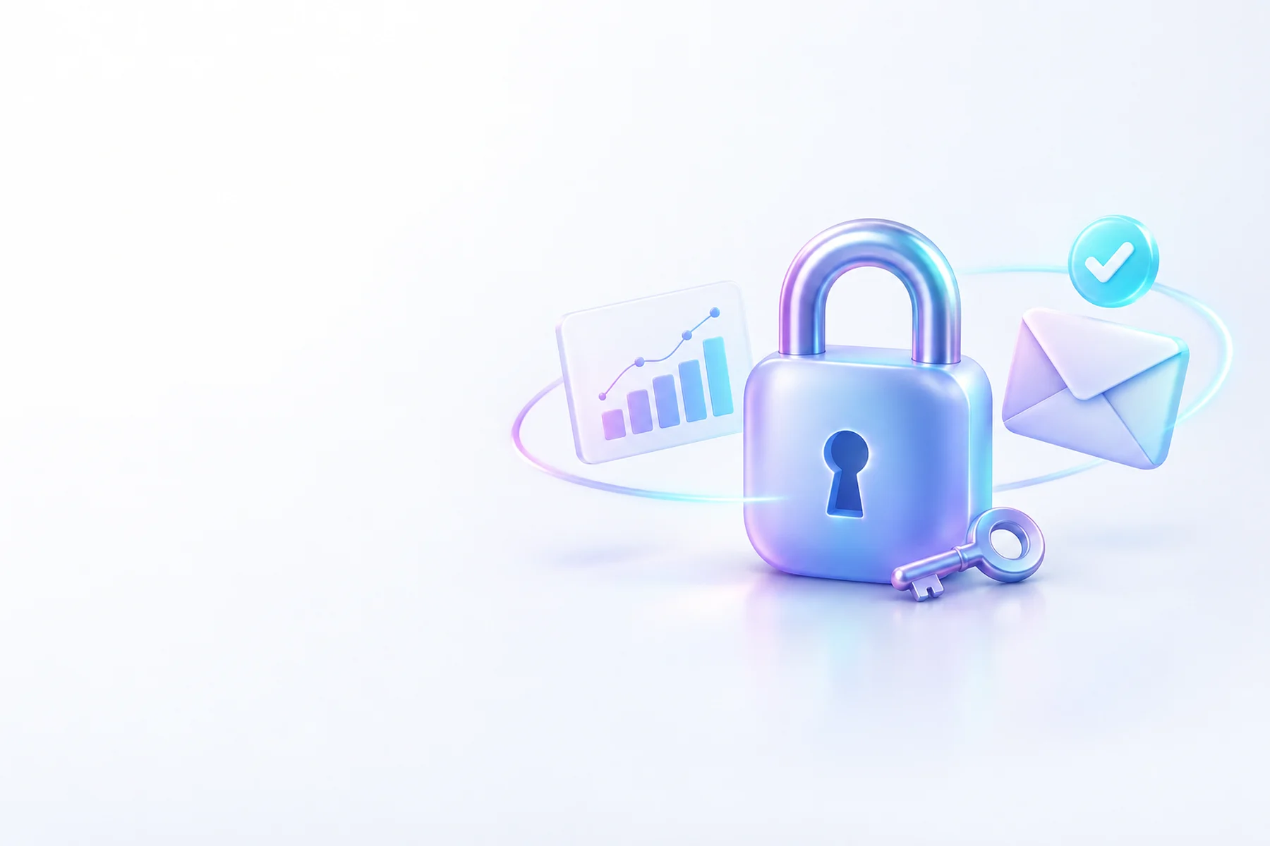 Illustration: A glossy padlock at the center with a chart card and an envelope orbiting it, a small key resting beside the padlock's base, and a soft approval checkmark badge hovering above the envelope.