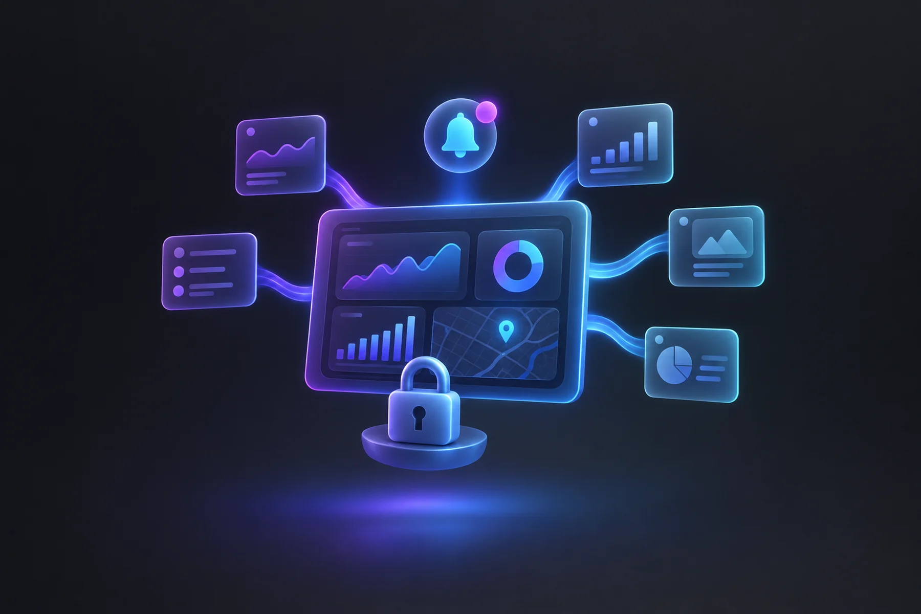 Illustration: A single floating dashboard screen at the center showing chart cards and a map pin, with five small ghostly panel outlines merging into it, a padlock, and a glowing notification badge above.