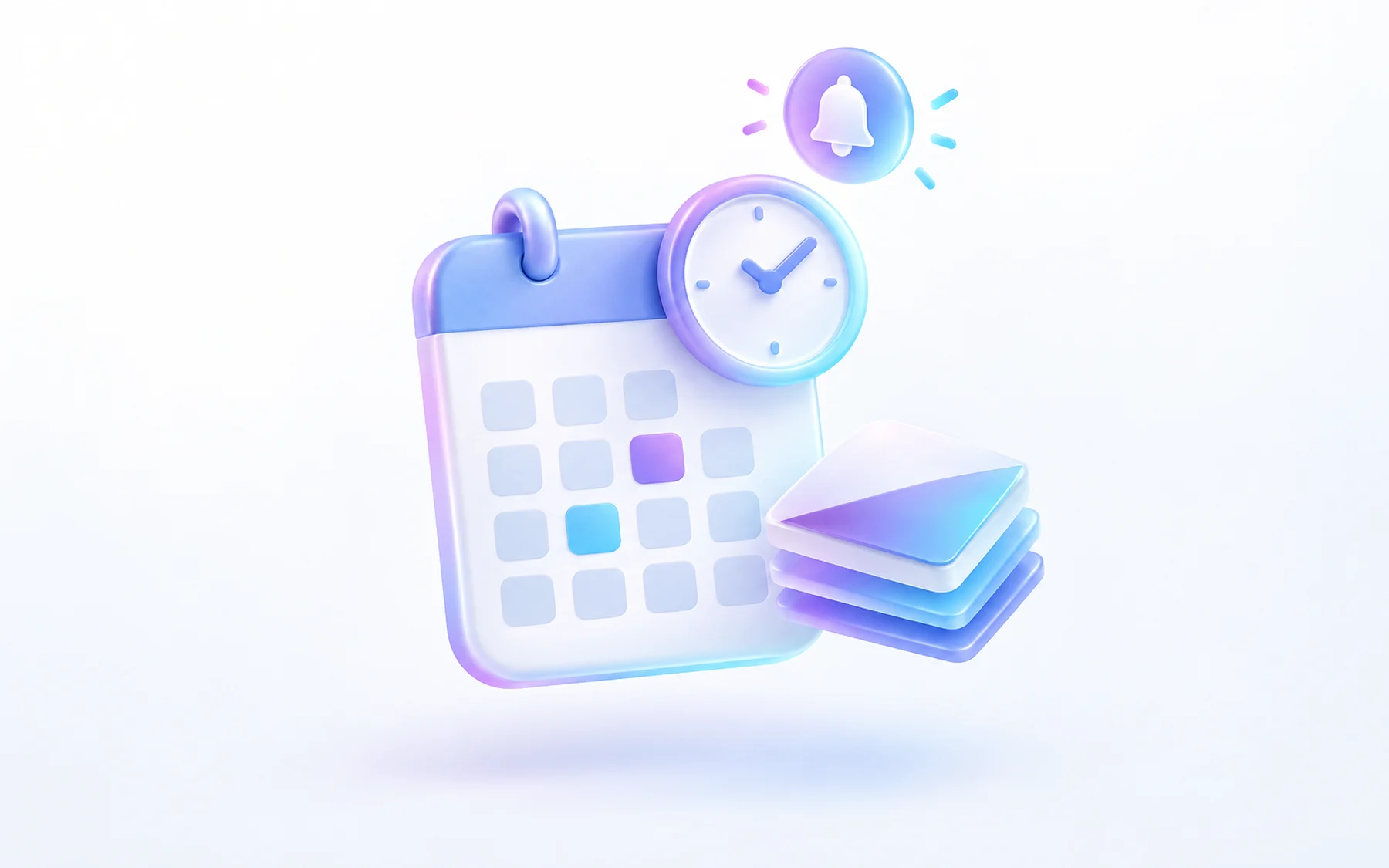 Illustration: A glossy calendar card standing upright with a clock face merged into its top corner, a small stack of envelope drafts beside it, and a soft notification badge glowing above.