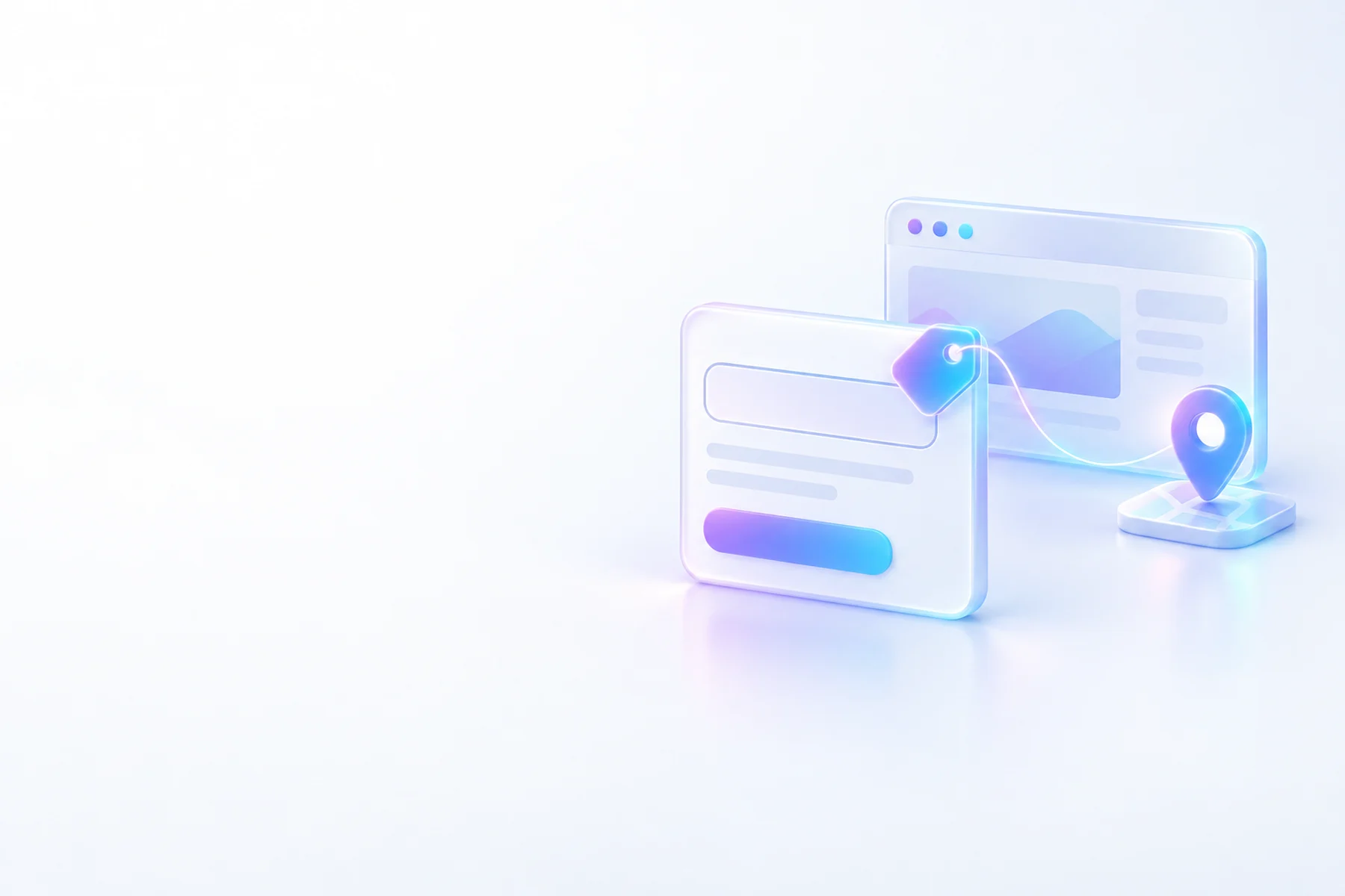Illustration: A website form card with a small glowing tag icon attached to its corner, and a thin glowing thread linking it to a small map pin and a browser window behind it.