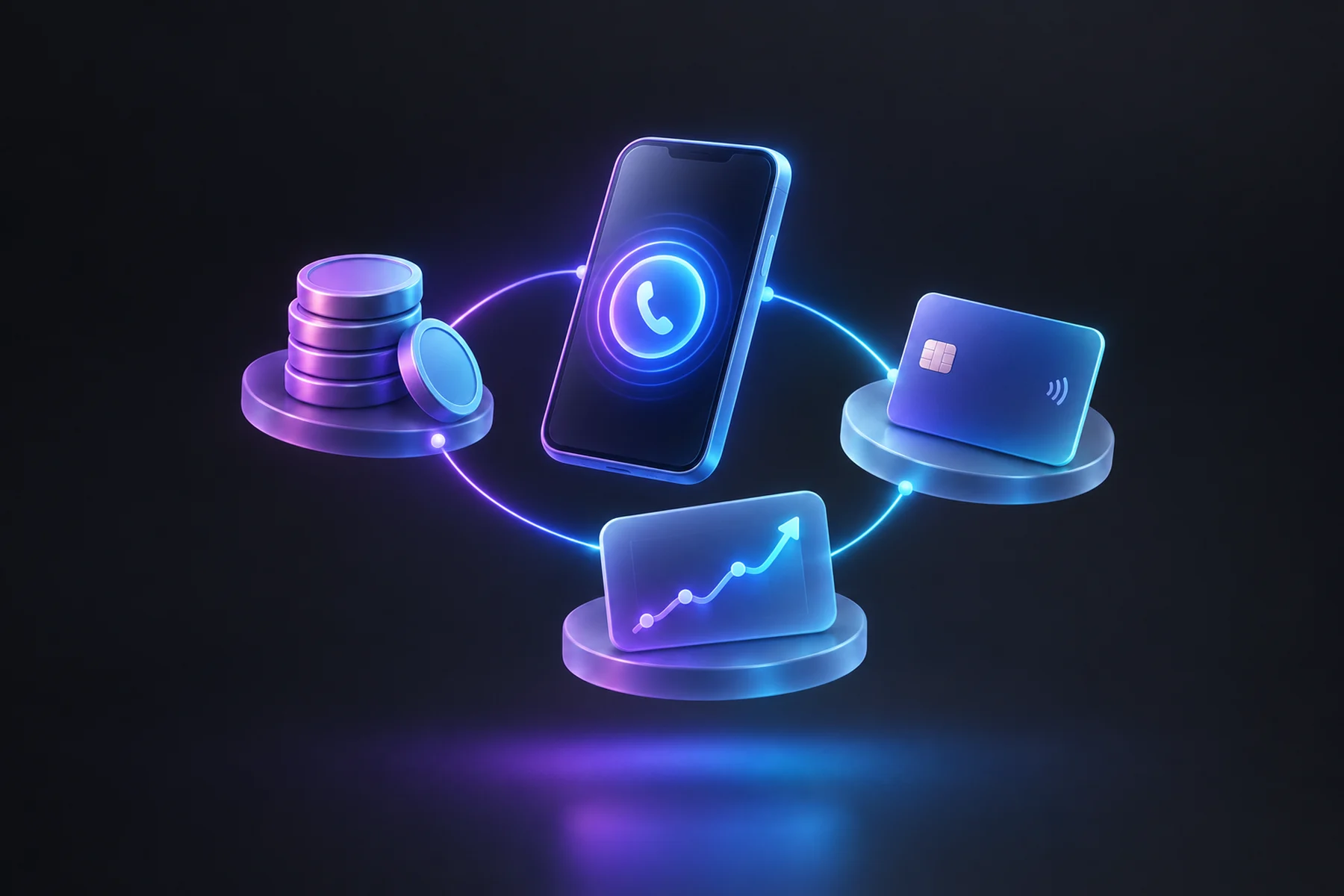Illustration: A glowing phone with a pulsing call icon at the center, ringed by a small stack of coins, a payment card, and a chart card with an upward line connecting them by thin glowing threads.