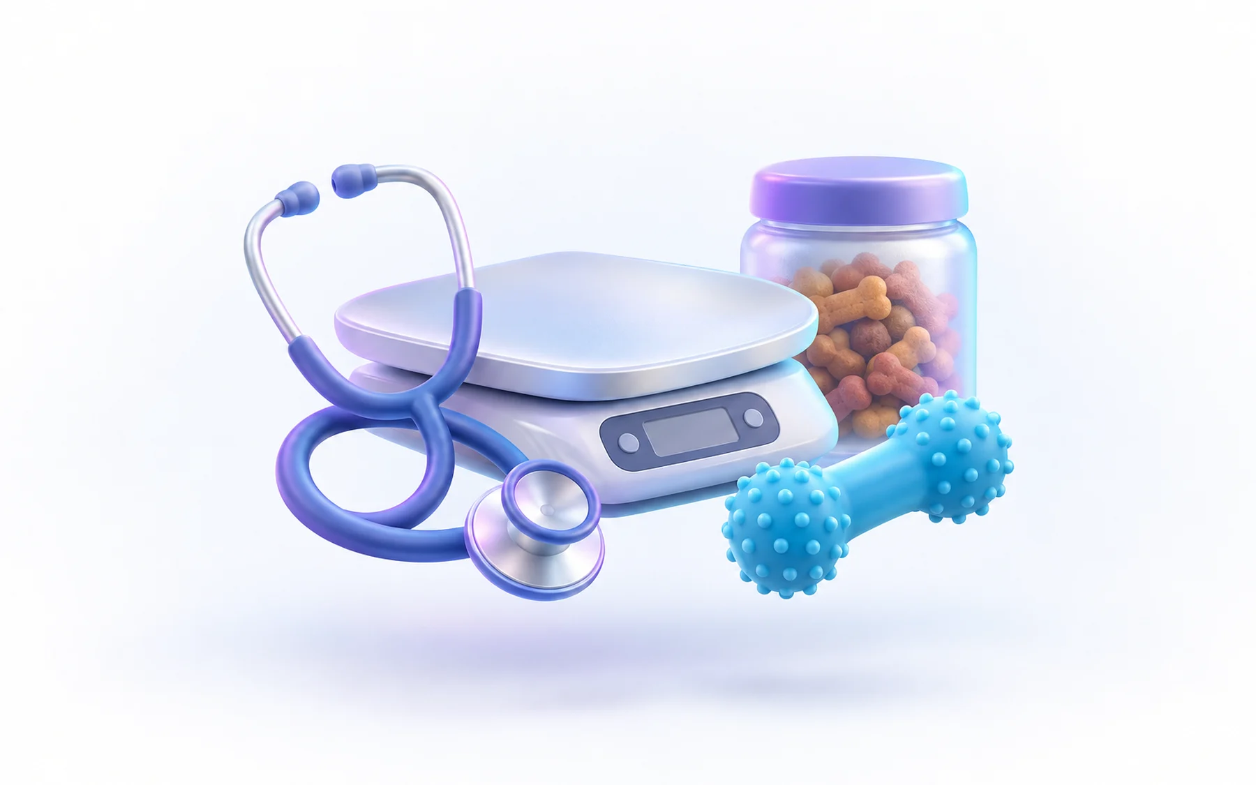 Illustration: a stethoscope, a pet scale, a chew toy and a jar of treats.