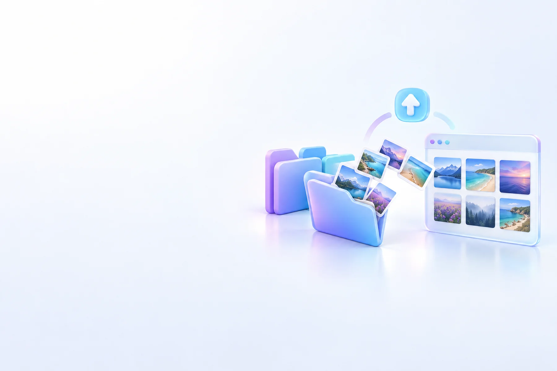 Illustration: A set of glossy folder icons labeled by shape only, one open and spilling small photo cards into a browser-window gallery frame, with a small upload arrow above.