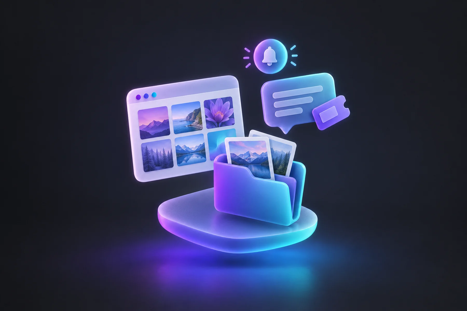 Illustration: A small browser-window card showing a photo gallery grid, a glossy folder icon with photos sliding into it, a floating chat bubble box with a ticket tag, and a soft notification badge above it.