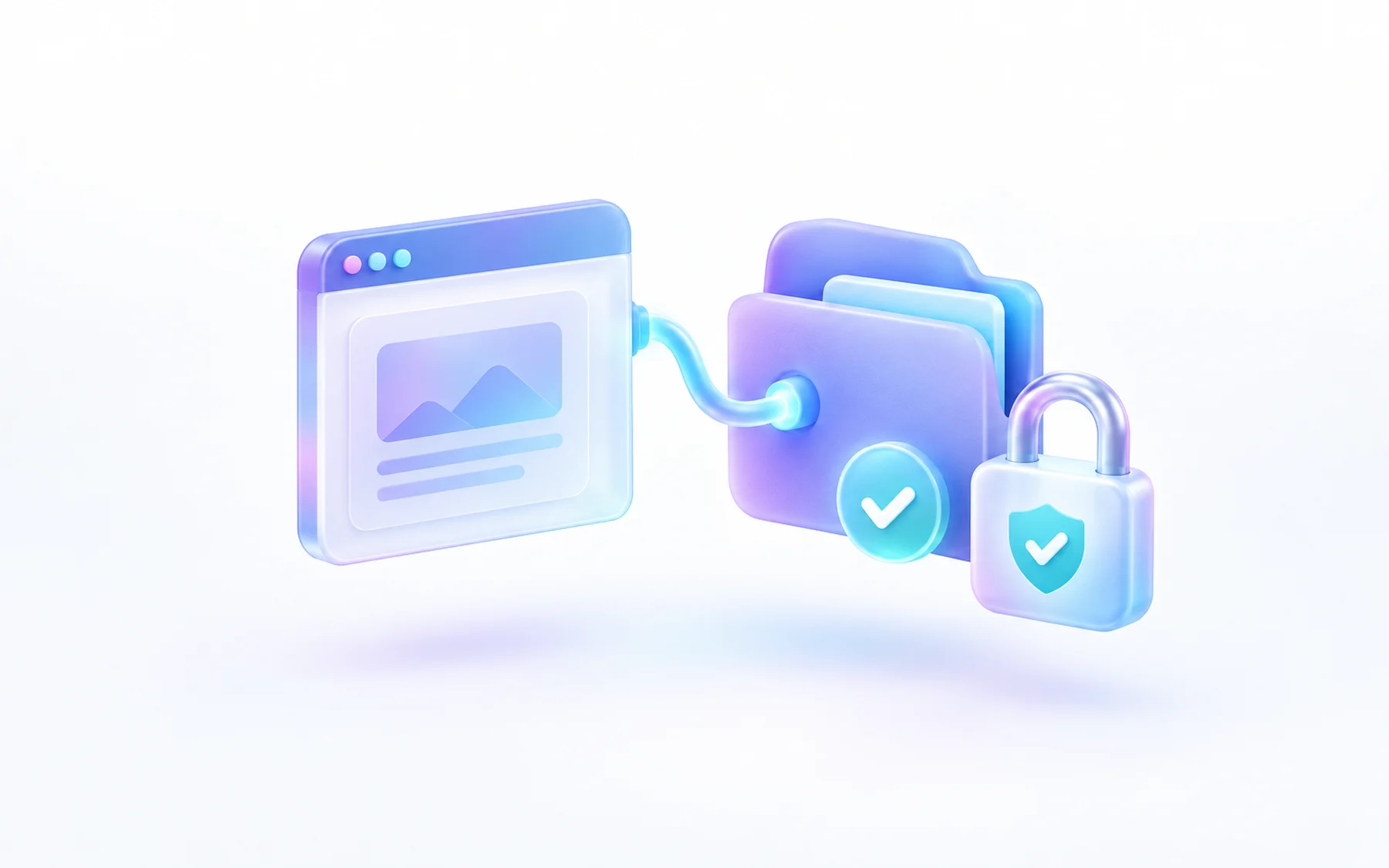 Illustration: A browser-window card linked by a glowing cable to a folder icon and a small status badge, with a padlock resting beside it showing granted access.