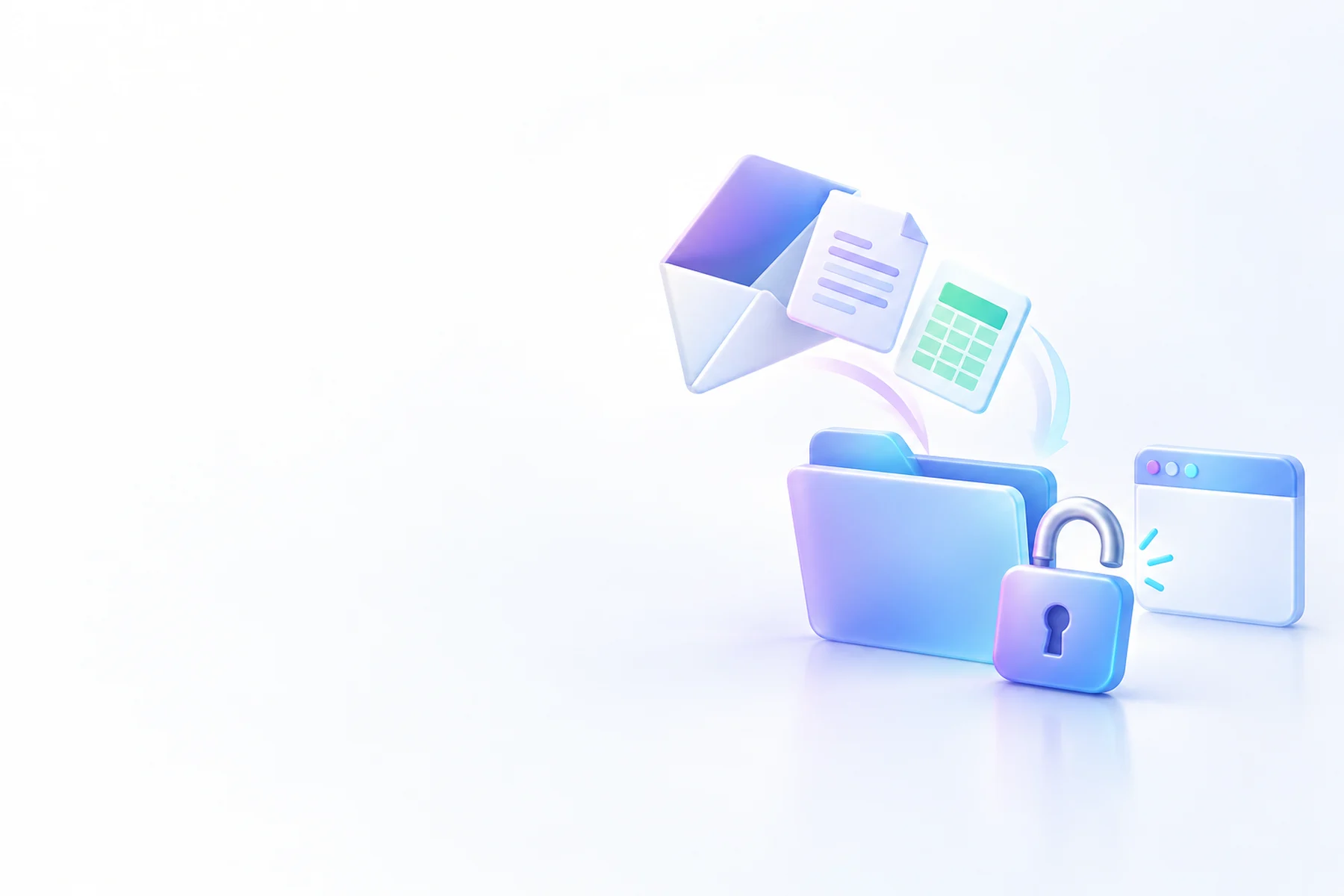 Illustration: An open envelope tilting to release a document page and a spreadsheet card into a waiting folder, with a padlock unlatching beside a small browser window icon.
