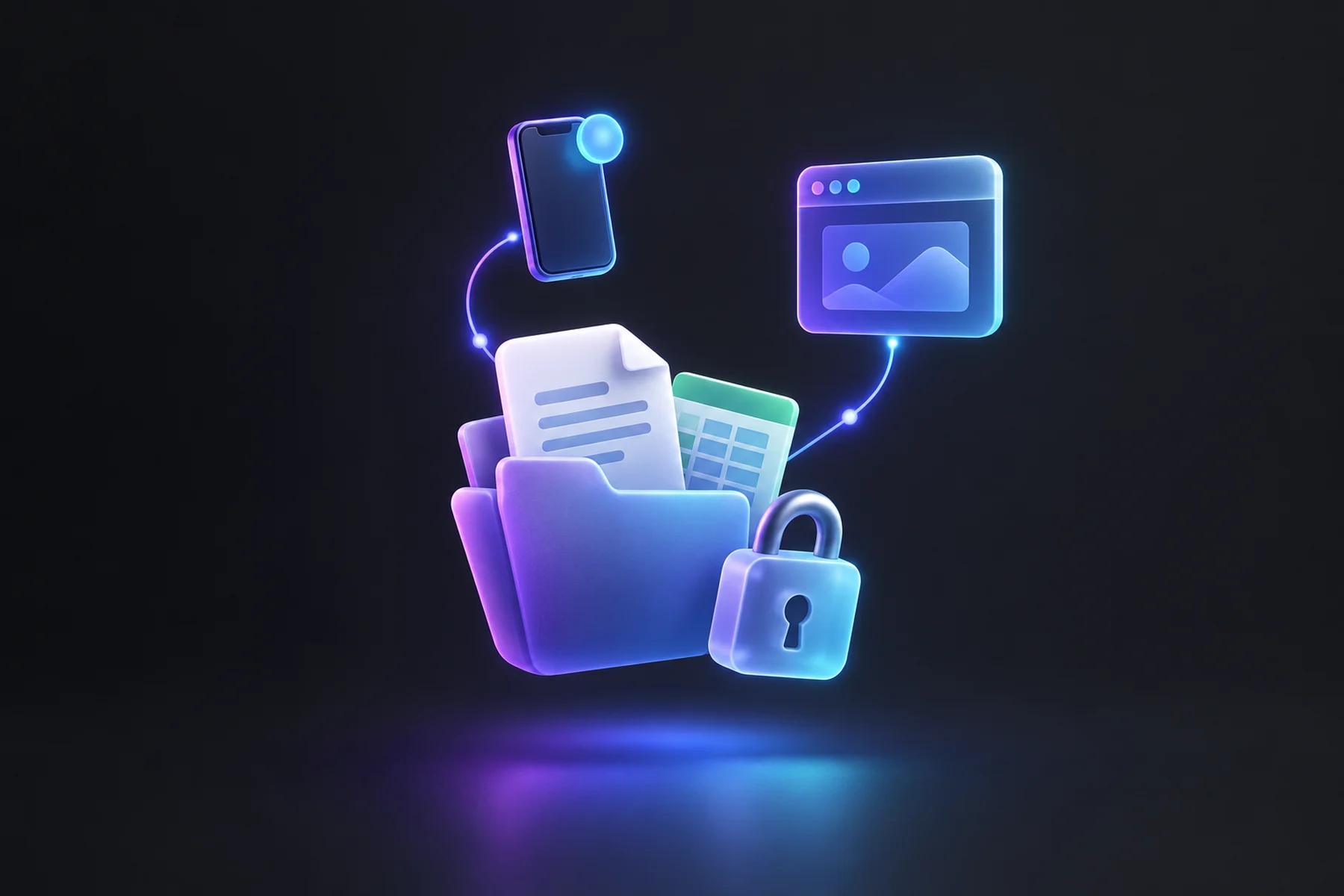 Illustration: A floating folder stacked with a document page and a spreadsheet card, a padlock resting beside them, and a small phone above showing a glowing notification badge, all linked by thin glowing lines to a browser window icon.