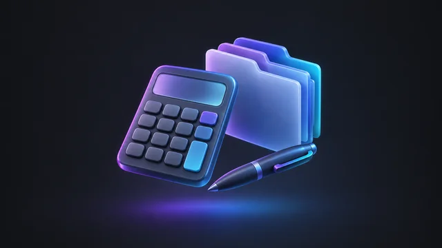 Illustration: a calculator beside a stack of folders and a pen