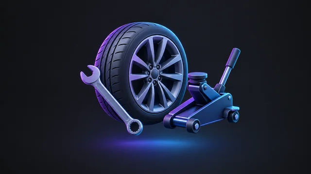 Illustration: a car wheel with a wrench and a hydraulic jack