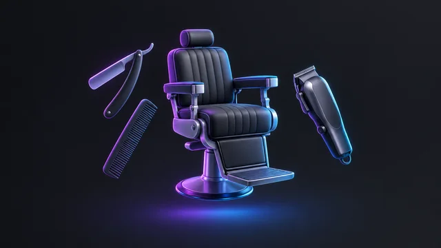 Illustration: a barber chair with a straight razor, a comb and clippers