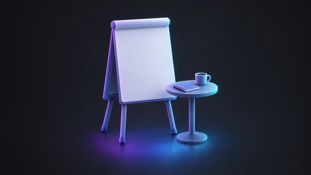 Illustration: a blank flip chart on an easel beside a notebook and a coffee cup