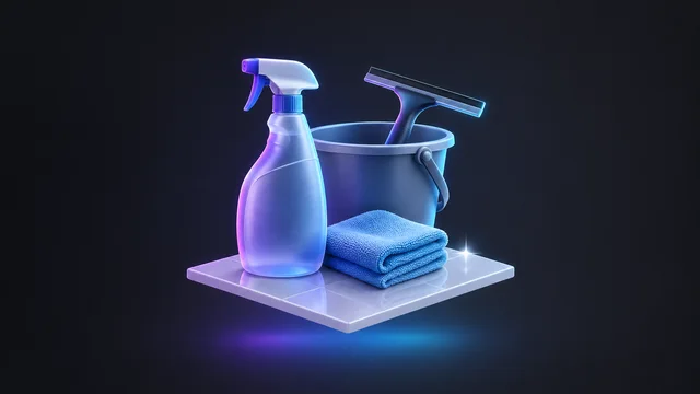 Illustration: a spray bottle, a cloth and a bucket with a squeegee