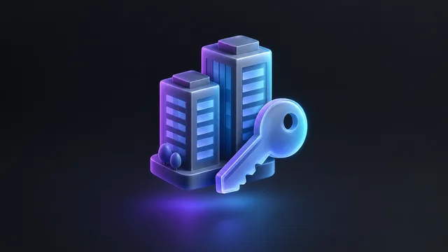 Illustration: two office towers beside a large key