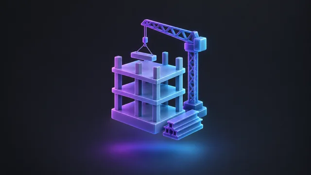Illustration: a building frame under construction beside a small crane and stacked beams