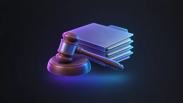 Illustration: a gavel beside a stack of closed case folders