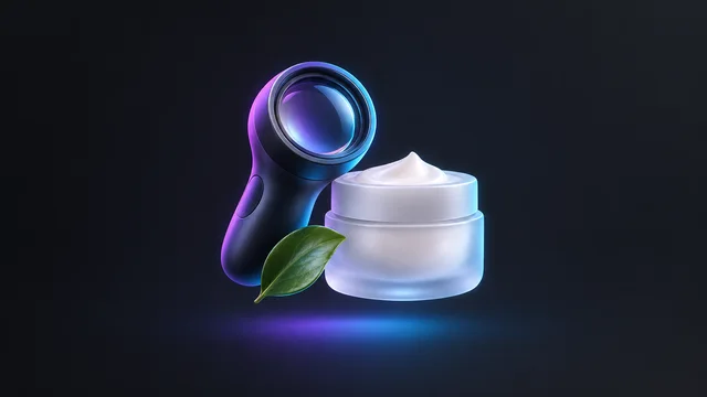 Illustration: a dermatoscope beside a jar of skin cream and a leaf