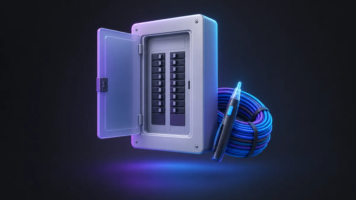 Illustration: an open breaker panel beside a coil of blue wire and a voltage tester pen.