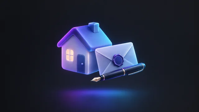 Illustration: a house beside a sealed envelope and a fountain pen