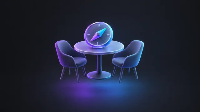 Illustration: a compass on a round meeting table between two empty chairs