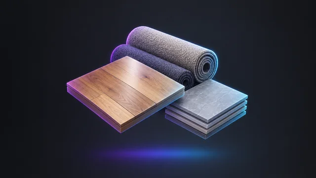 Illustration: hardwood planks beside rolled carpet and a stack of tiles