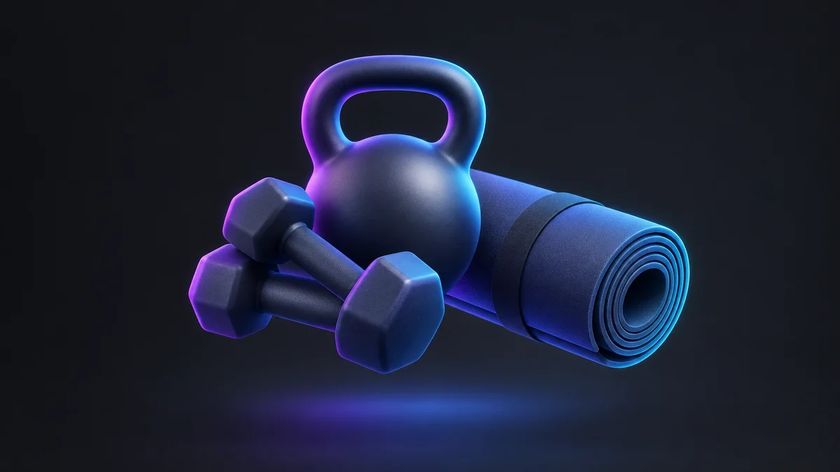 Illustration: a kettlebell, a pair of dumbbells and a rolled exercise mat, lit in purple and blue.