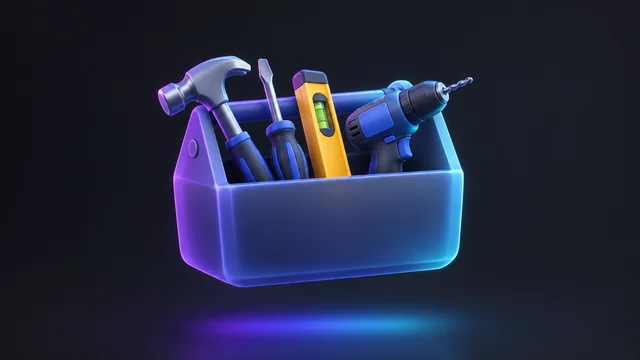 Illustration: an open toolbox with a hammer, screwdrivers, a level and a drill