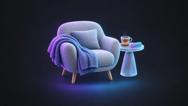 Illustration: an armchair with a knitted blanket beside a side table with a cup of tea