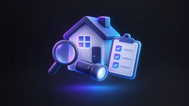 Illustration: a house beside a magnifying glass, a flashlight and a checklist